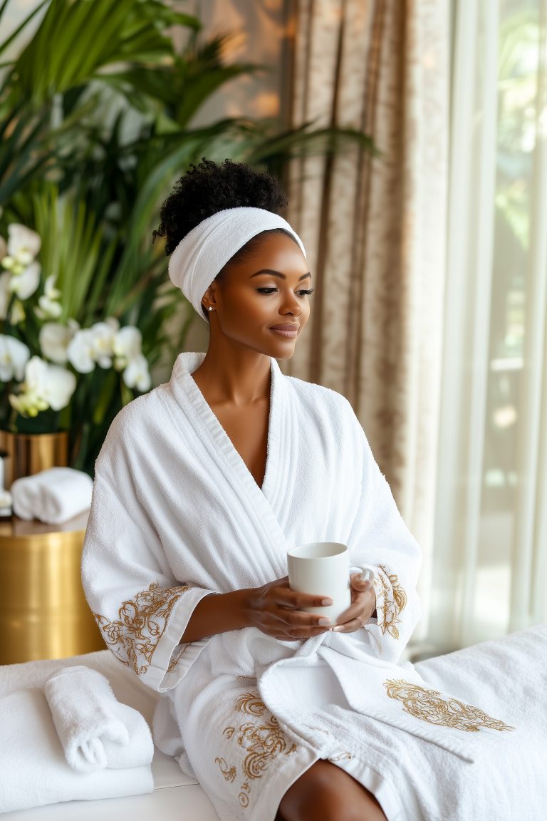 A Woman In A White Robe Is Sitting In A Room With A Cup In Her Hand
